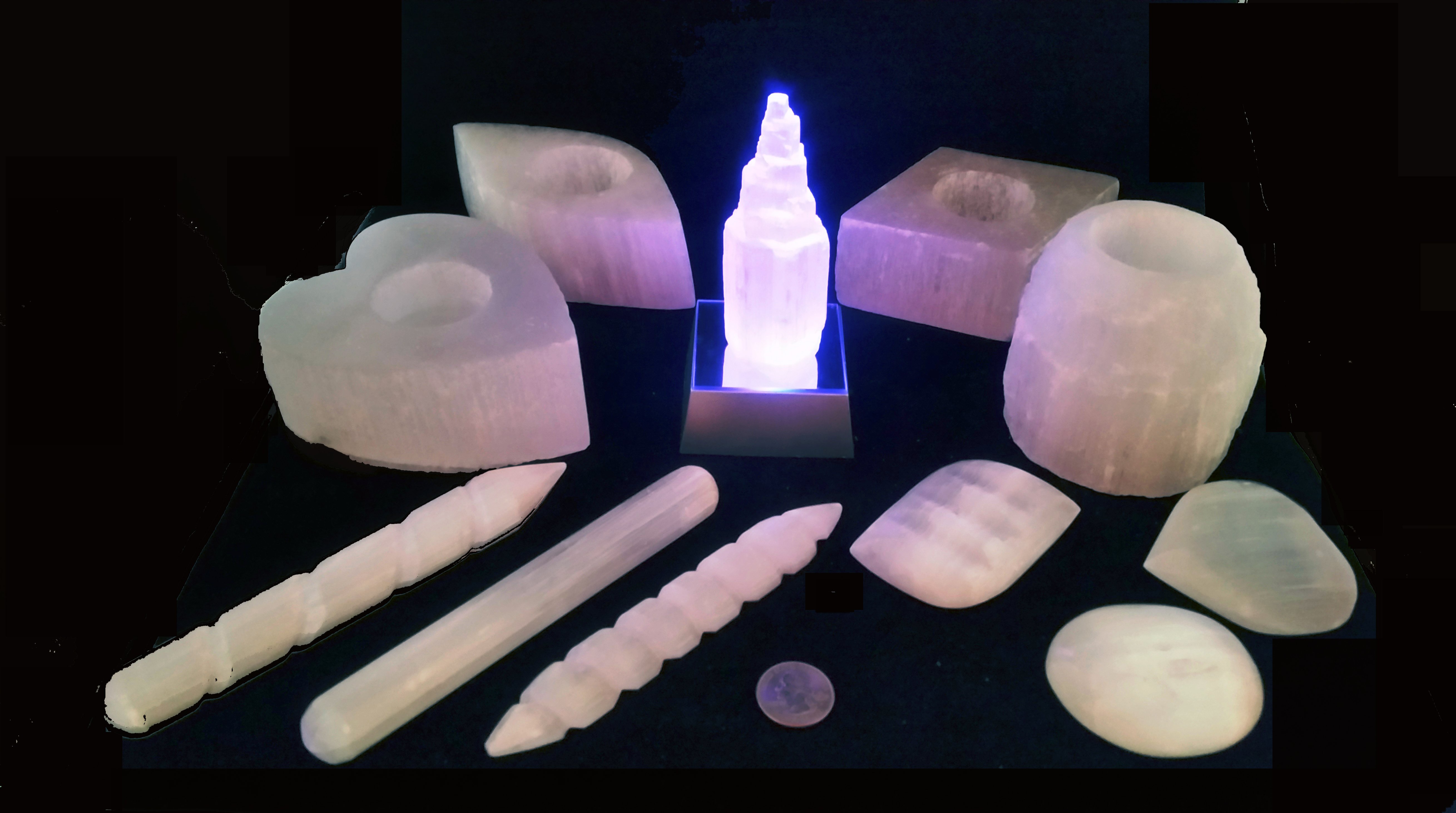 Your special, exclusive Heart & Soul Colors Selenite Cleaning & Clearing Collection includes three wands, three healings stones, four candle holders, one tower (raw or spiral - you pick!), and a rainbow light-changing box!  Known as 'Liquid Light,' this special stone radiates and attracts all the good vibes we all need!