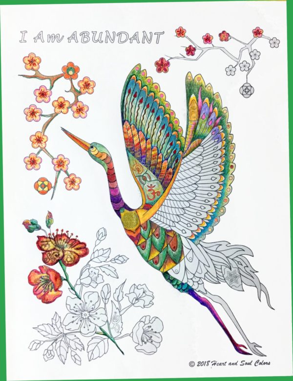 I Am ABUNDANT Crane coloring design, including sacred geometry and other powerful, hidden symbols for prosperity and manifestation.