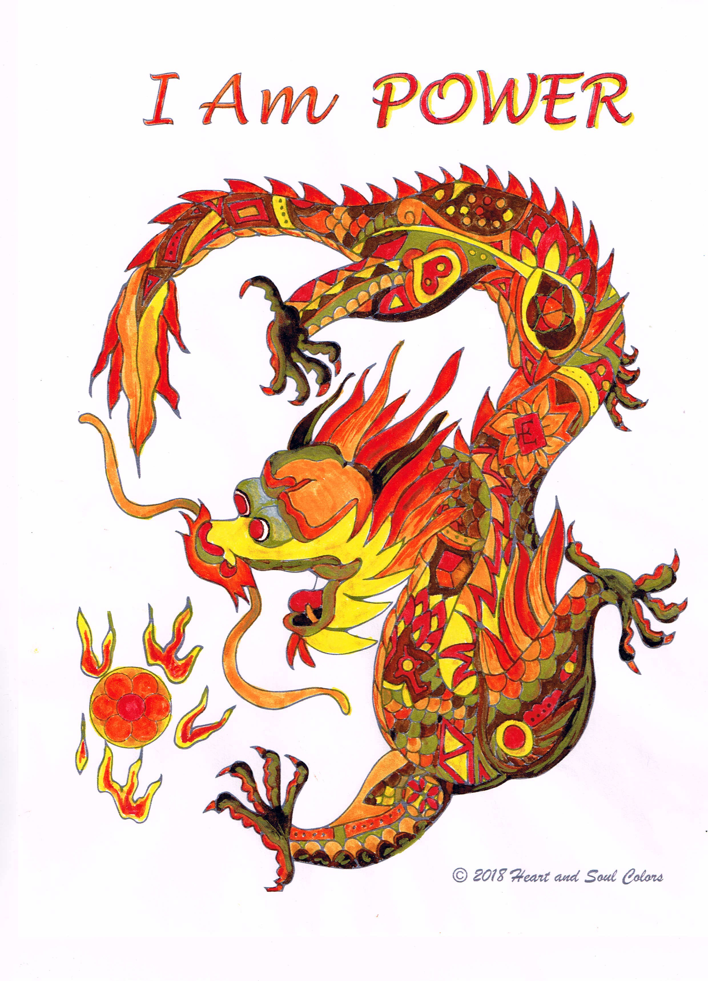 I Am POWER Dragon Coloring Design, including sacred geometry and other powerful, hidden symbols.
