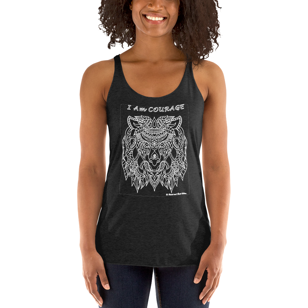 Be your true courageous self with this stunning, flowing shirt! Enjoy the power and simplicity of this courageous lion, blessed with Reiki energy and the high vibrations of many sacred symbols. This racerback tank is soft, lightweight, and form-fitting with a flattering cut and raw edge seams for an edgy touch.