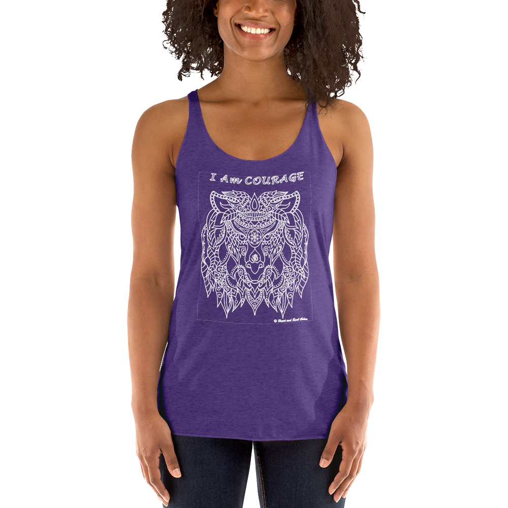 Be your true courageous self with this stunning, flowing shirt! Enjoy the power and simplicity of this courageous lion, blessed with Reiki energy and the high vibrations of many sacred symbols. This racerback tank is soft, lightweight, and form-fitting with a flattering cut and raw edge seams for an edgy touch.