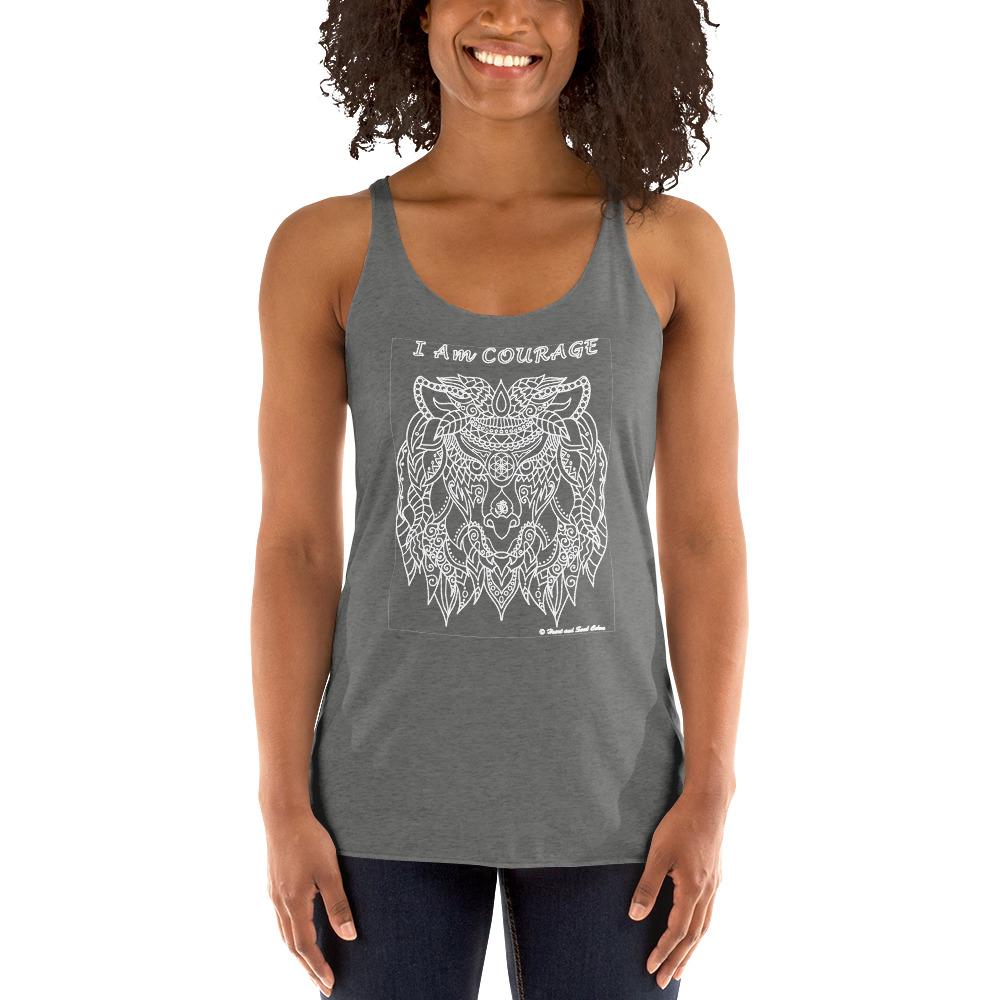 Be your true courageous self with this stunning, flowing shirt! Enjoy the power and simplicity of this I Am COURAGE lion, blessed with Reiki energy and the high vibrations of many sacred symbols. This racerback tank is soft, lightweight, and form-fitting with a flattering cut and raw edge seams for an edgy touch.