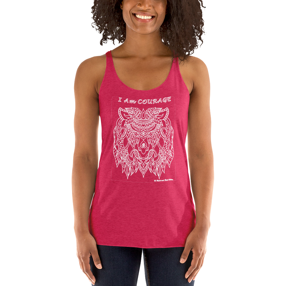 Be your true courageous self with this stunning, flowing shirt! Enjoy the power and simplicity of this I Am COURAGE lion, blessed with Reiki energy and the high vibrations of many sacred symbols. This racerback tank is soft, lightweight, and form-fitting with a flattering cut and raw edge seams for an edgy touch.