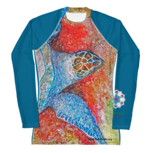 Tranquil Turtle Watercolor Women's Rash Guard with Turtle on the Front